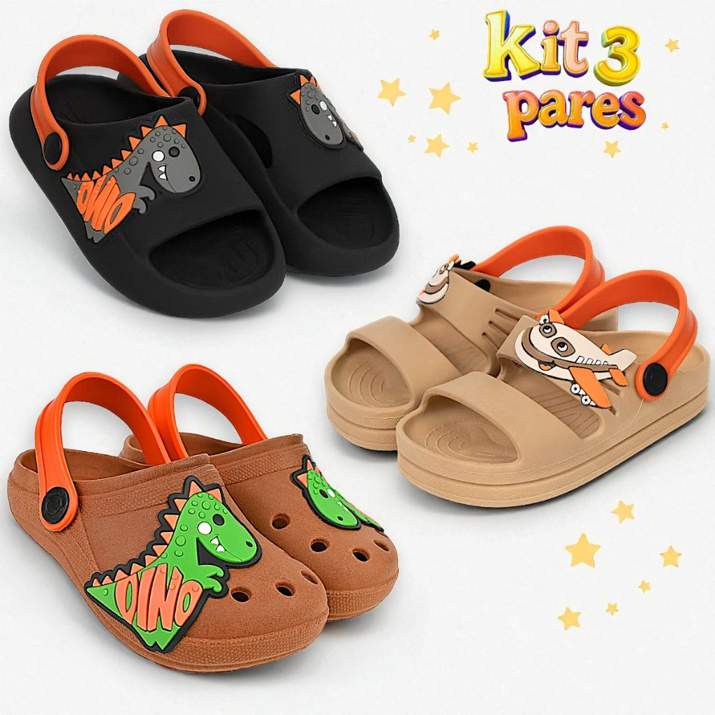 Kit 3 Pares Sandália Papete Infantil Menino Confortável Promoção