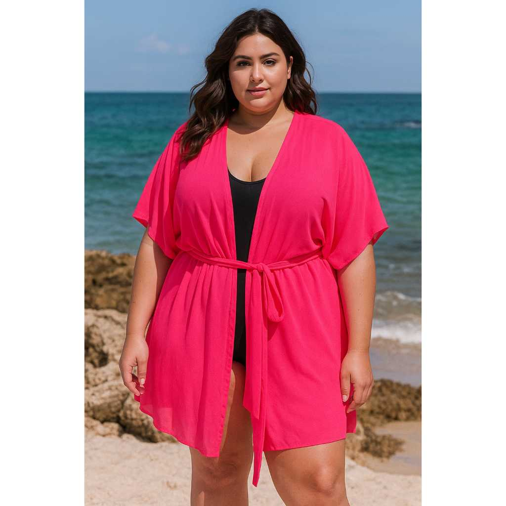 Saida de Praia Plus Size Curta Kimono Moda Feminina Estilo Vestido