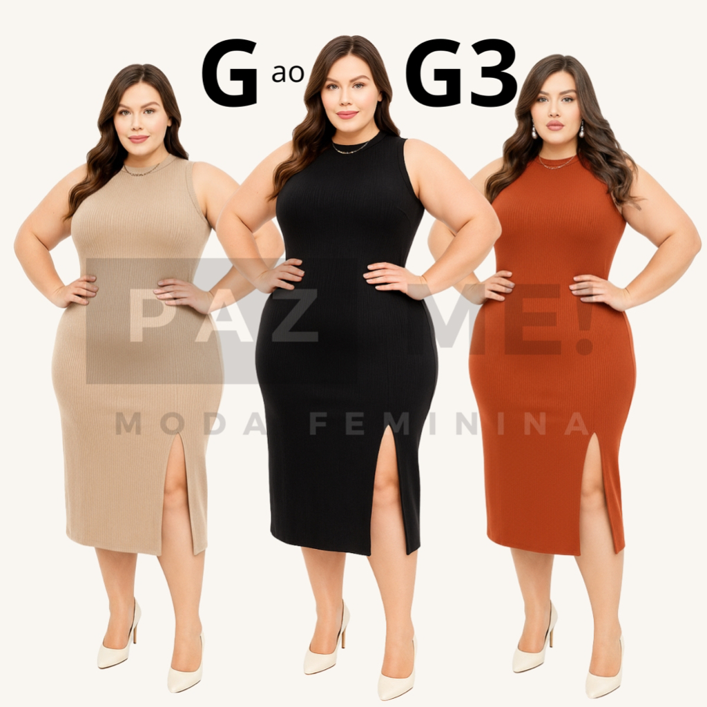 Vestido Midi PAZME Plus Size Regata Larga C/ Fenda Frontal