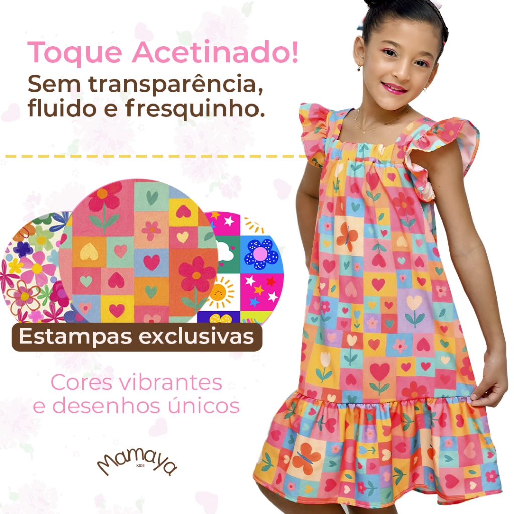 Vestido Infantil Estampado Colorido Bloguerinha Luxo Casual Delicado de 4 a 12 Anos