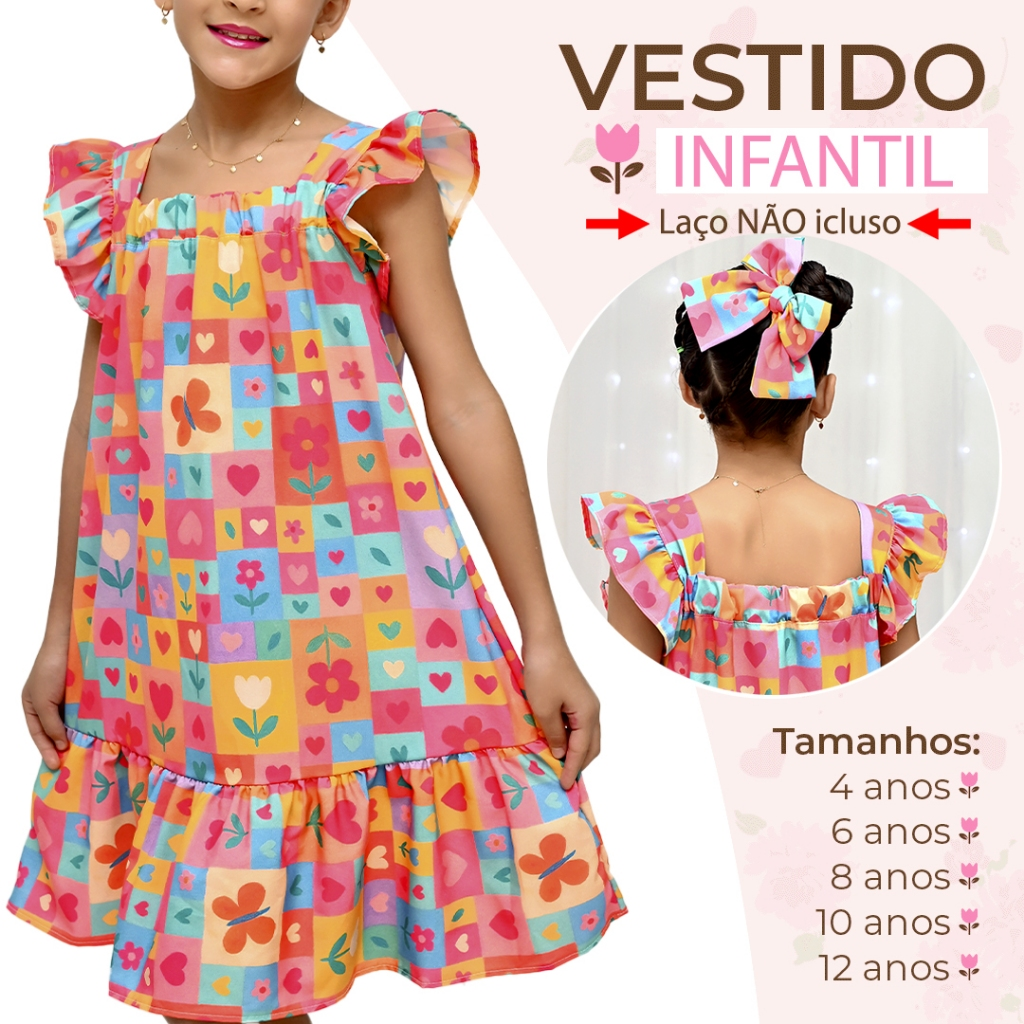 Vestido Infantil Estampado Colorido Bloguerinha Luxo Casual Delicado de 4 a 12 Anos