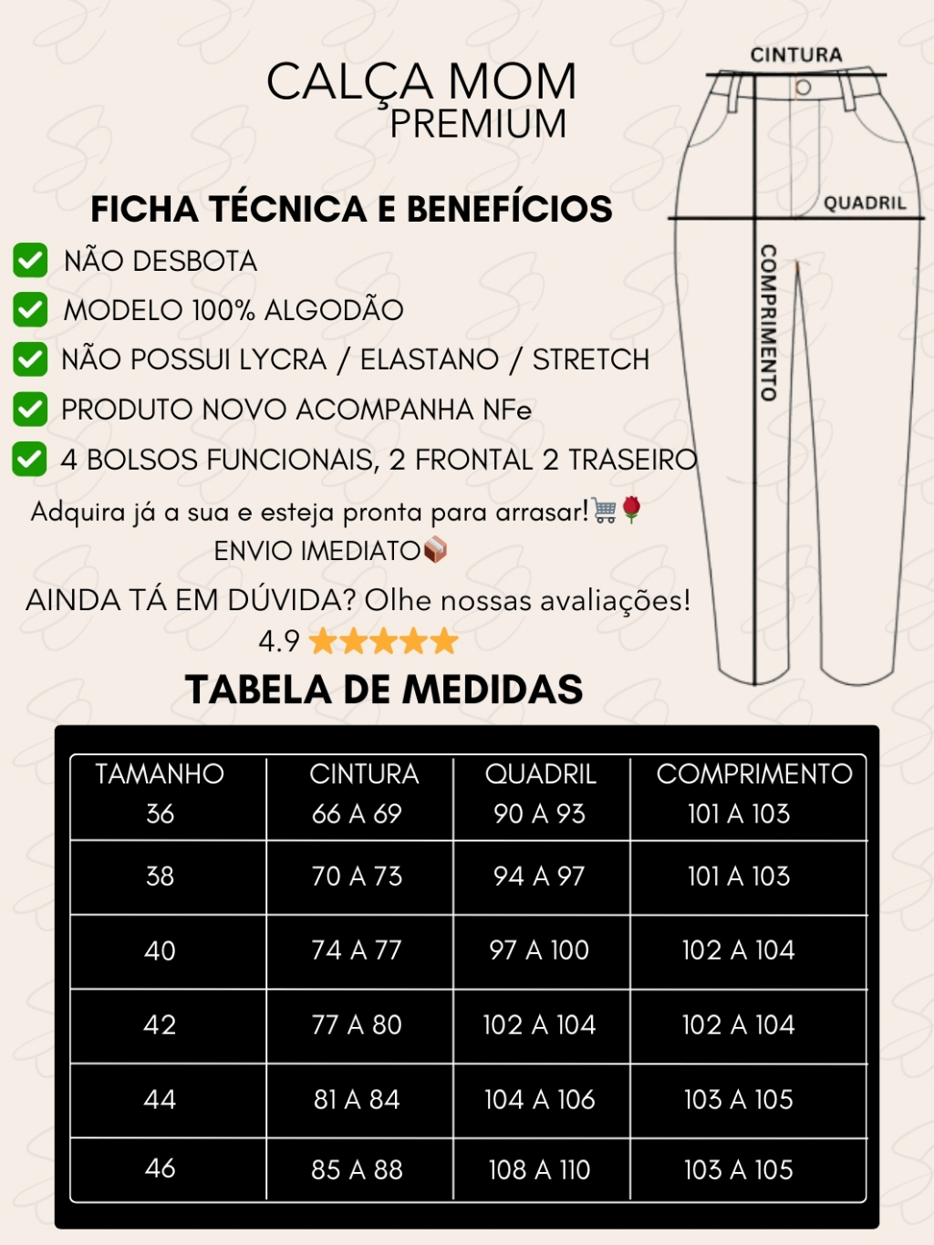 Calça MOM Jeans Feminina Cintura Alta 100% Algodão