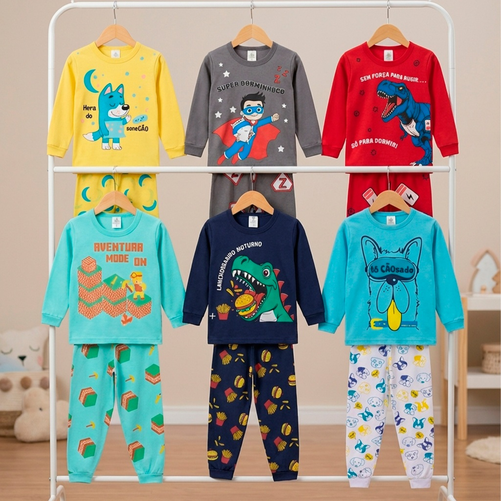 Kit Sortido 4 Peças Pijama Infantil Menino Manga Comprida Tamanho 1 ao 10