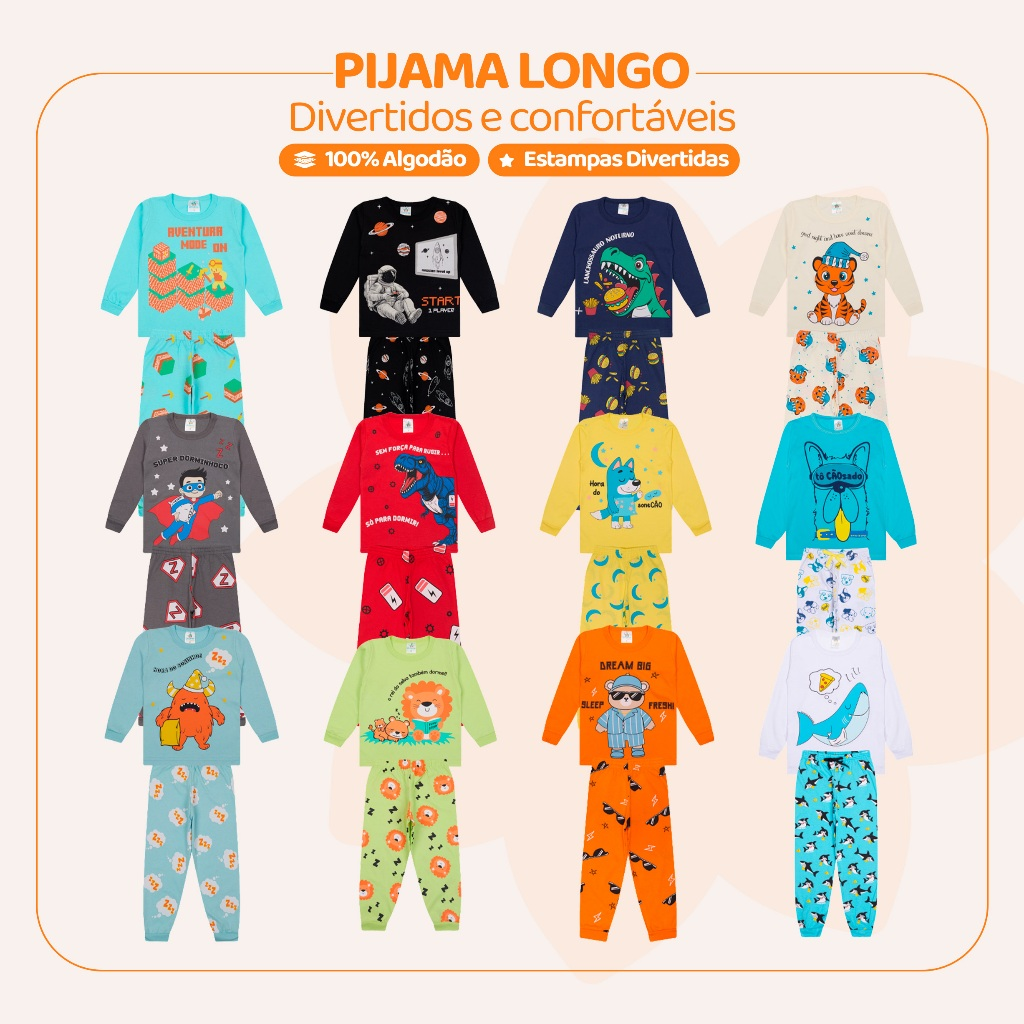 Kit Sortido 4 Peças Pijama Infantil Menino Manga Comprida Tamanho 1 ao 10