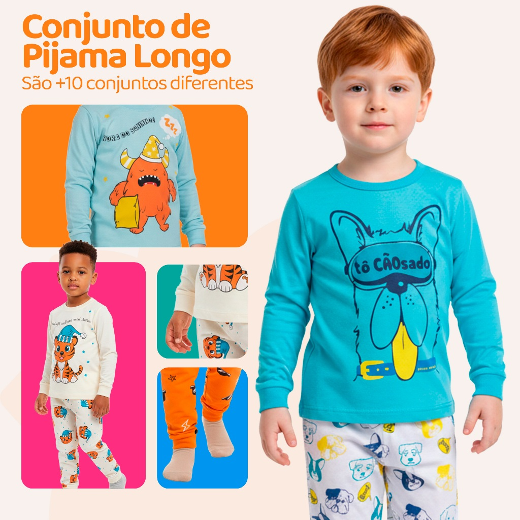 Kit Sortido 4 Peças Pijama Infantil Menino Manga Comprida Tamanho 1 ao 10