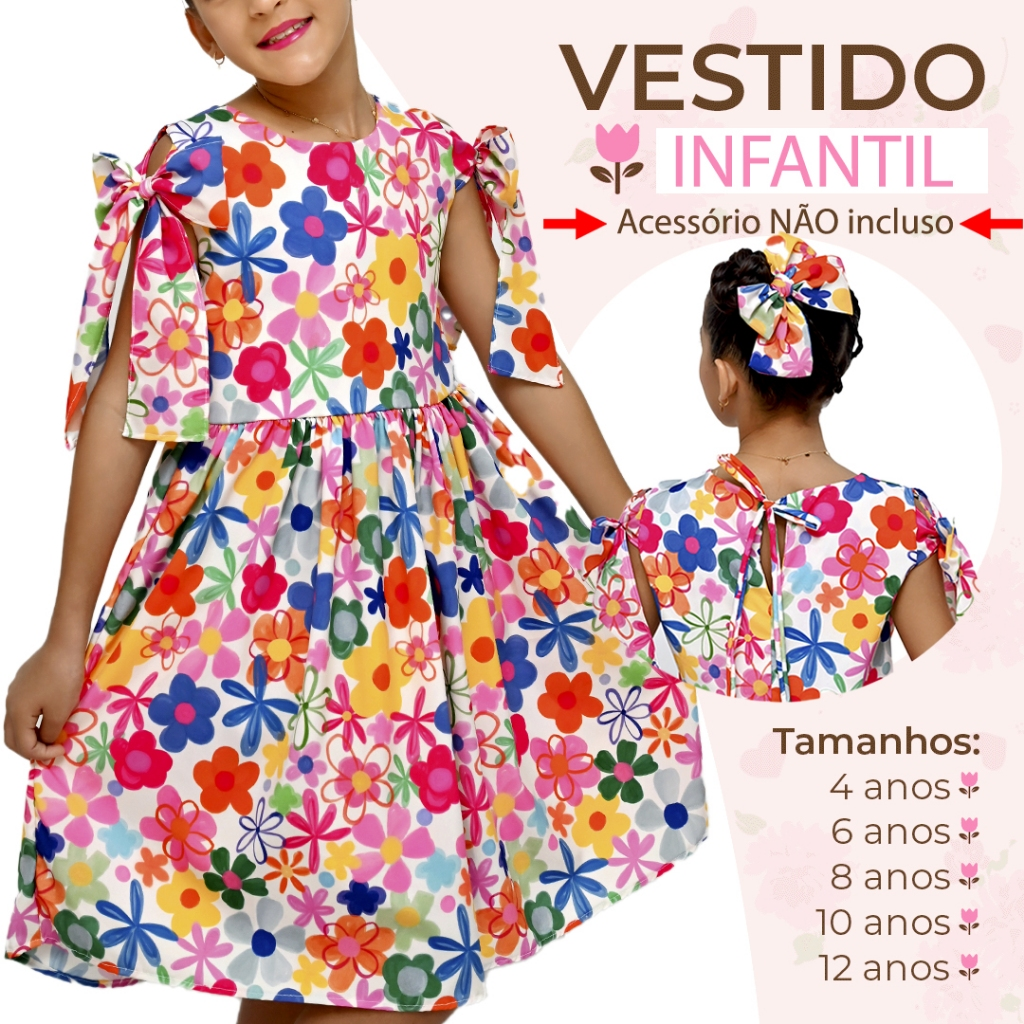 Vestido Infantil Estampado Colorido Bloguerinha Luxo Casual Delicado de 4 a 12 Anos