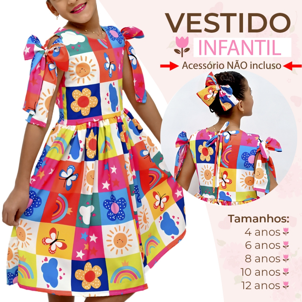 Vestido Infantil Estampado Colorido Bloguerinha Luxo Casual Delicado de 4 a 12 Anos