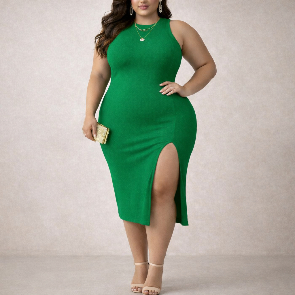 Vestido Midi PAZME Plus Size Regata Larga C/ Fenda Frontal