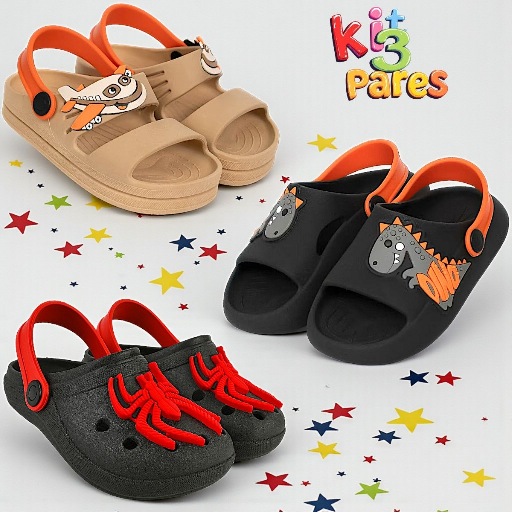 Kit 3 Pares Sandália Papete Infantil Menino Confortável Promoção