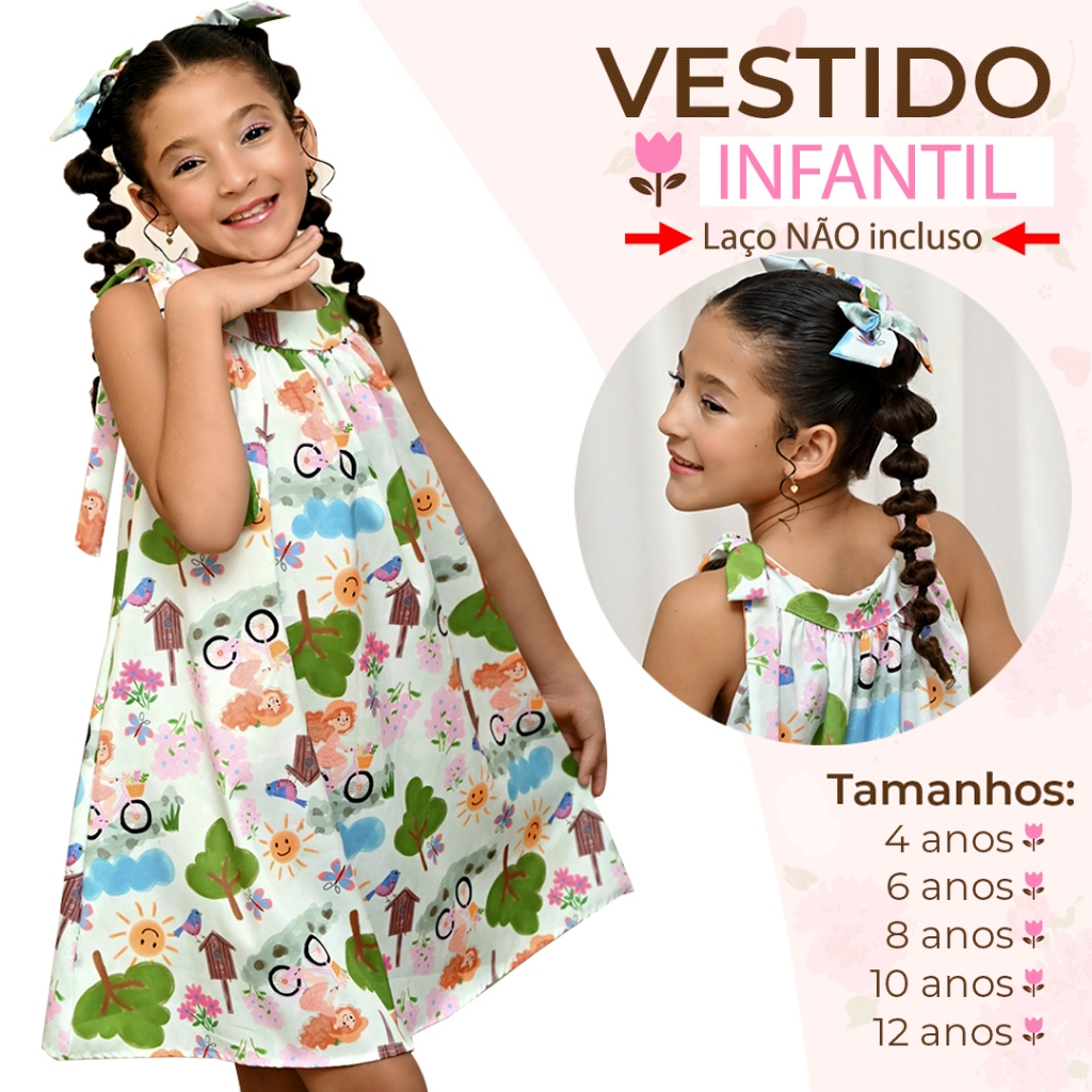 Vestido Infantil Estampado Colorido Bloguerinha Luxo Casual Delicado de 4 a 12 Anos