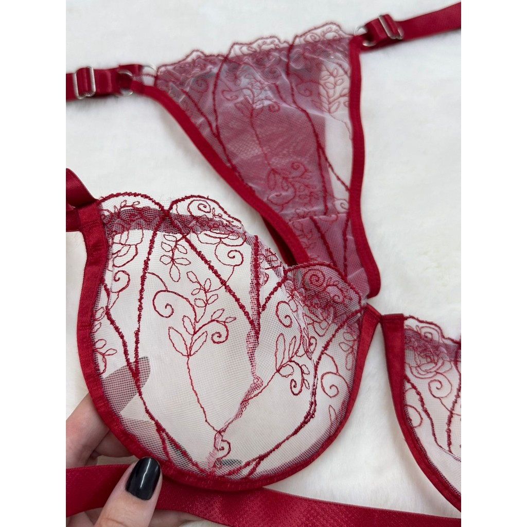 Conjunto lingerie calcinha sutiã com aro moda intima Gringa tule Bordado