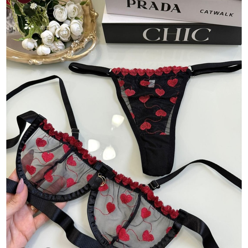 Conjunto lingerie calcinha sutiã com aro moda intima Gringa tule Bordado