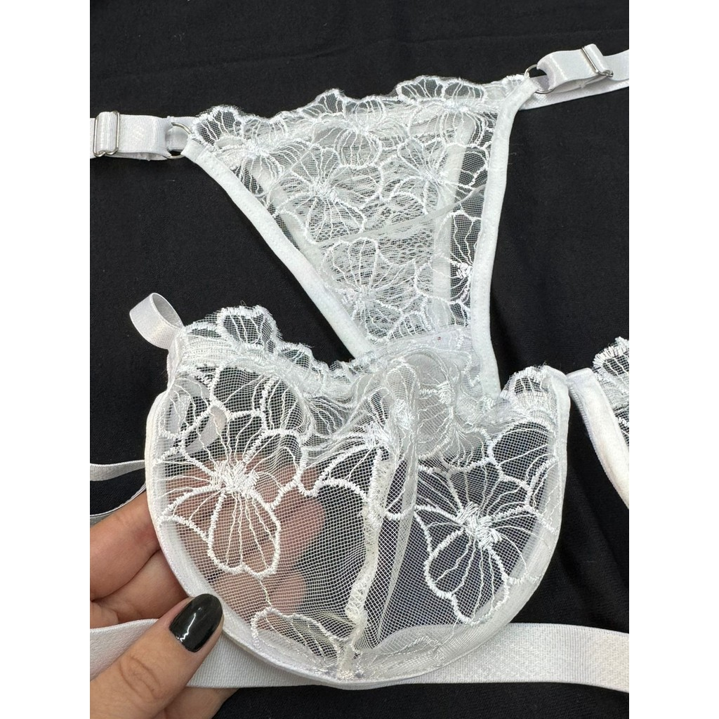 Conjunto lingerie calcinha sutiã com aro moda intima Gringa tule Bordado
