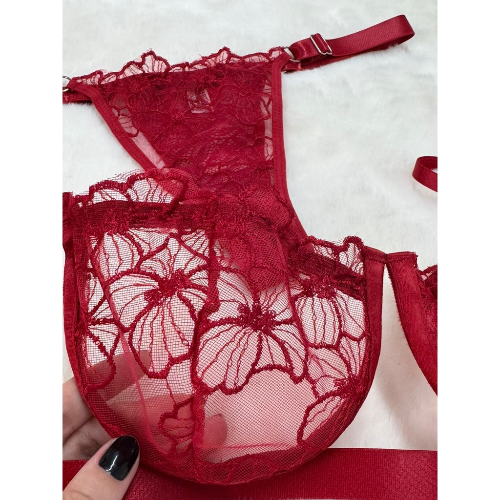 Conjunto lingerie calcinha sutiã com aro moda intima Gringa tule Bordado