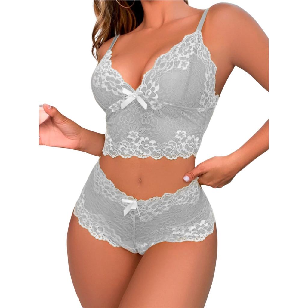 Kit Conjunto Renda Espera Marido Lingerie Cropped Sutiã Sem Bojo Short Calcinha Caleçon