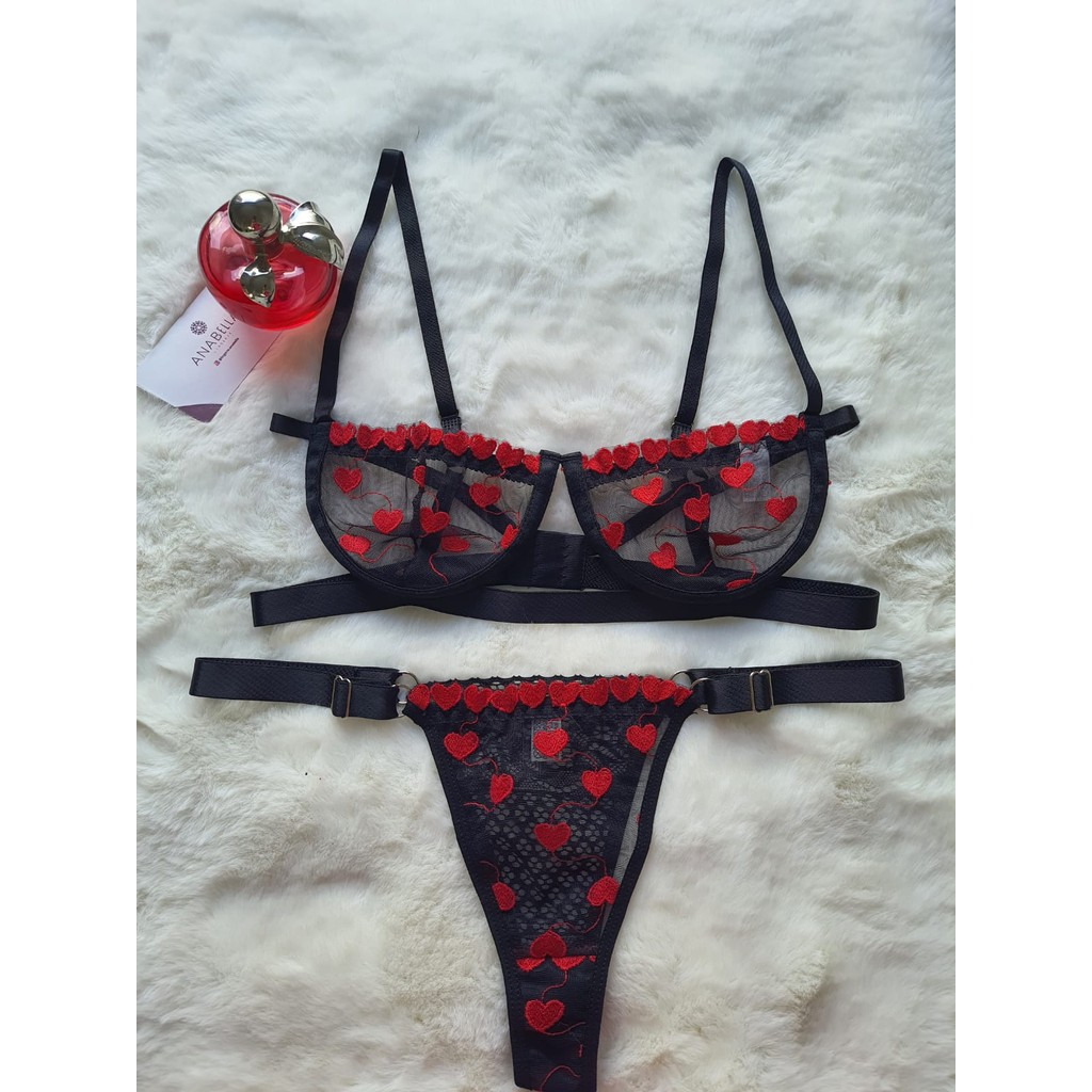 Conjunto lingerie calcinha sutiã com aro moda intima Gringa tule Bordado